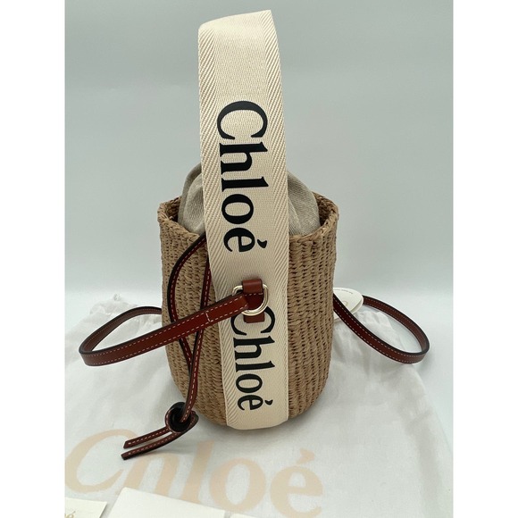 NEW CHLOE SMALL WOODY BASKET BUCKET RAFFIA STRAW SHOULDER BAG PURSE - Picture 7 of 14